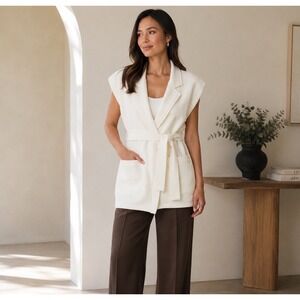Lune Active Moon Blazer Vest Womens L Ivory Cream Belted Textured Knit Longline